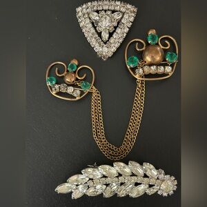 Vintage Gold and Green Crystal Brooch Set